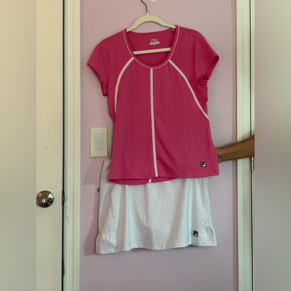 Fila Vibrant Pink and white Activewear set Shirt M Skirt L - Picture 2 of 4